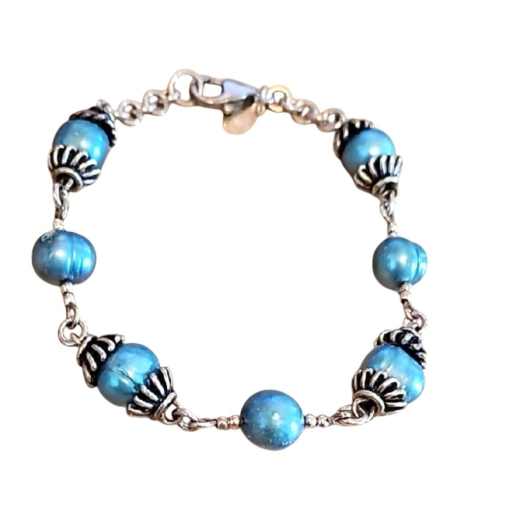 Sterling Silver 925 Chic Pearly Turquoise Beaded Lobster Clasp Bracelet 8"
